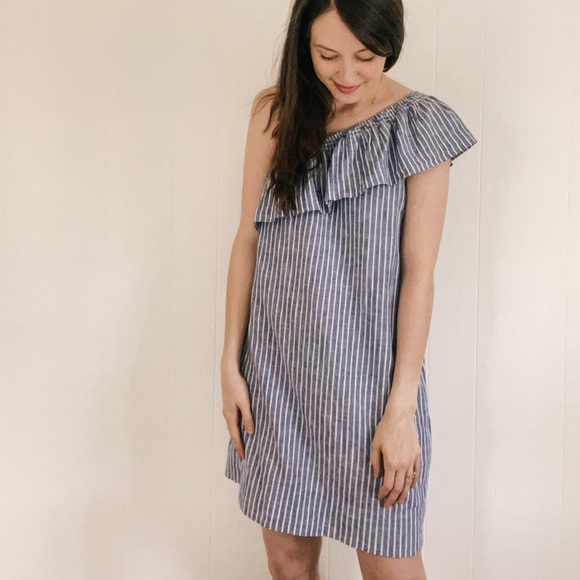 Madewell One Shoulder Linen Blend Ruffle Stripe Dress - Picture 3 of 5